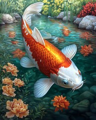 Wall Mural - a vibrant koi fish swims gracefully in a serene pond adorned with colorful flowers and lush greenery