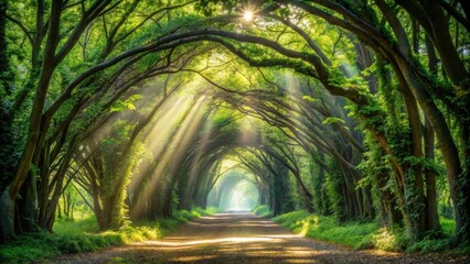 Poster - A Sunlit Path Through A Canopy Of Trees, With Rays Of Light Streaming Through The Foliage, Creating A Mystical And Enchanting Atmosphere