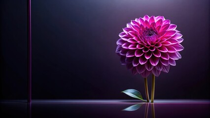 Poster - A single pink dahlia flower in bloom, reflected on a glossy surface against a dark background.