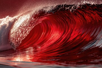 Wall Mural - A large wave in the ocean with a splash of water. The wave is a mix of red and white, creating a striking contrast. The splash of water is also red, adding to the overall intensity of the scene