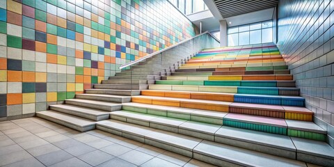 Leinwandbilder - A Modern Staircase With Colorful Tile Inlays Against A Wall Of Tiles With Various Hues