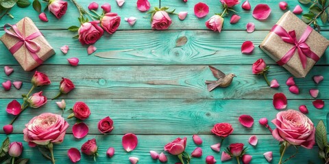 Poster - A Rustic Wooden Background Decorated with Pink Roses, Petals, and Wrapped Gifts for a Romantic Occasion