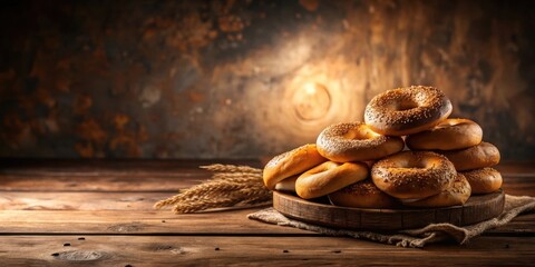 Poster - A Stack of Freshly Baked Bagels with Sesame Seeds on Rustic Wooden Table with Wheat Sheaf