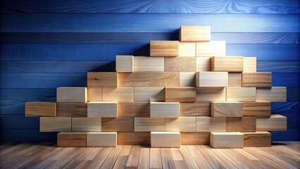Leinwandbilder - A wall of stacked wooden blocks against a blue wooden backdrop, creating a unique and textured pattern.