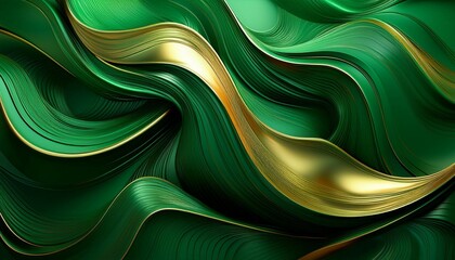 Canvas Print - wavy green structures highlighted with polished golden edges offering a sophisticated and flowing abstract design