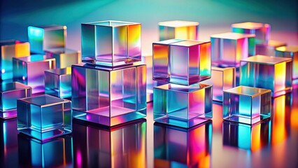 Poster - A vibrant composition of iridescent glass cubes, arranged in a dynamic pattern and reflecting a spectrum of colors.
