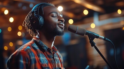 Poster - Young man wearing headphones singing into a microphone in a recording studio