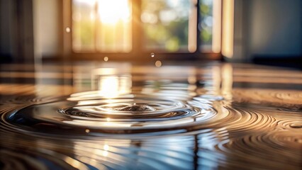 Aufkleber - Golden ripples of light created by a water drop on a smooth surface, illuminated by the warmth of a nearby window