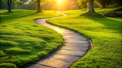 Aufkleber - A winding stone path cuts through a lush green grassy lawn bathed in the golden glow of a setting sun.