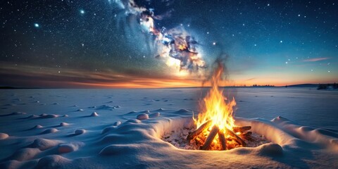 Poster - A bonfire blazes in the snowy wilderness, casting a warm glow against the backdrop of a star-filled night sky.