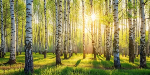 Poster - Sunlight filtering through a birch grove, illuminating the forest floor with a warm, golden glow