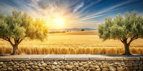 Poster - A rustic stone wall overlooking a golden wheat field with two olive trees standing tall against the backdrop of a vibrant sunset sky