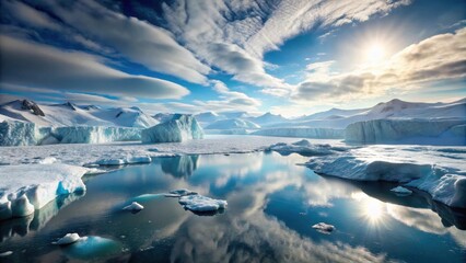 Poster - A serene landscape of ice and water, reflecting the sky and the sun in a breathtaking spectacle of nature's beauty.
