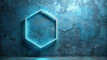 Poster - A glowing hexagon shape sits in the center of a textured concrete wall, bathed in a cool blue hue.