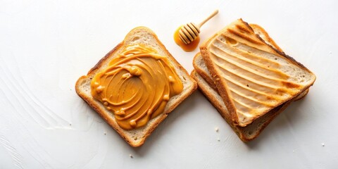 Poster - Two Slices of Toast With Peanut Butter and Honey on a White Surface