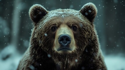 Wall Mural - brown bear standing in snowy forest during snowfall