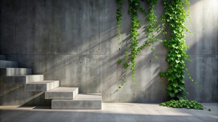 Poster - A concrete staircase leading to a wall with a climbing vine casting shadows in the sunlight