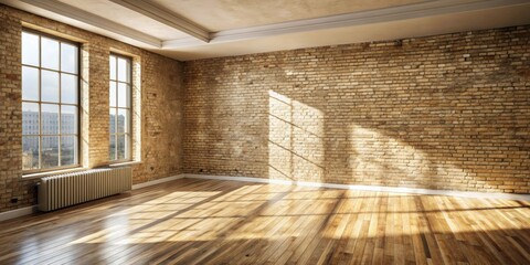 Aufkleber - Sunlight Streaks Across the Empty Room, Casting Shadows on the Wooden Floor and Exposed Brick Wall