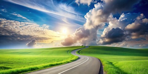 Poster - a winding asphalt road curves through a verdant field, leading towards a sun-drenched sky adorned wi