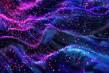 Wall Mural - close up horizontal abstract glowing illustration of purple and blue wavy background
