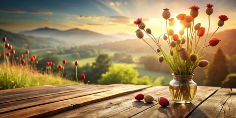 Aufkleber - A Rustic Wooden Tabletop with a Bouquet of Poppy Flowers in a Glass Vase, Set Against a Blurred Background of Rolling Hills and a Golden Sunset