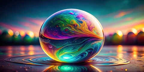 Leinwandbilder - A vibrant sphere of swirling colors rests on a shimmering surface, creating a captivating abstract scene.