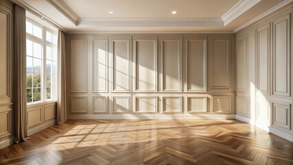 Poster - A spacious interior with intricate paneling, sunlight streaming through a large window, and warm hardwood floors.