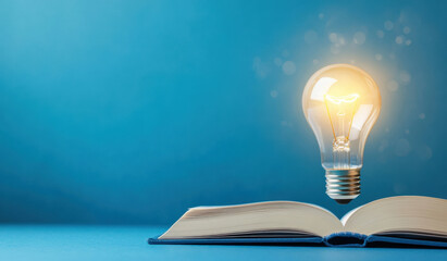 Canvas Print - glowing light bulb above open book symbolizes creativity and knowledge. warm light contrasts beautifully with blue background, evoking inspiration and imagination