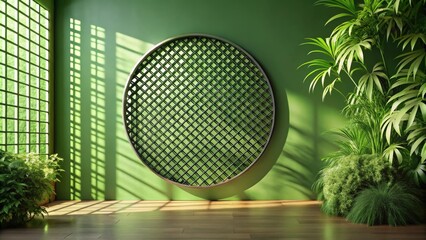 Aufkleber - A serene minimalist room featuring a large round window with a lattice design, surrounded by lush green plants and bathed in warm sunlight.