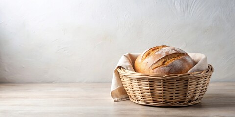 Poster - A freshly baked loaf of bread nestled in a wicker basket, with a soft, rustic backdrop.