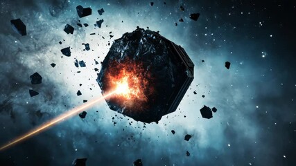 Wall Mural - Cubic asteroid exploding after laser beam impact in deep space