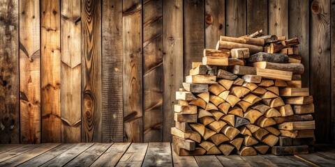 Aufkleber - A rustic wooden wall with a stacked pile of firewood in the foreground, creating a warm and inviting atmosphere.