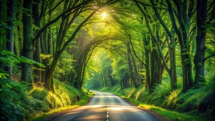 Poster - A winding road through a dense forest with sunlight streaming through the canopy, creating a magical atmosphere.