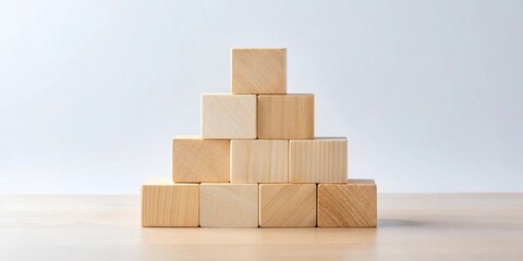 Poster - A pyramid of wooden blocks stacked on a light brown surface, showcasing a simple structure and natural wood grain