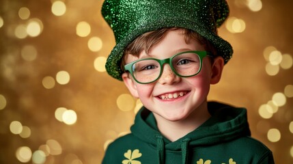 Wall Mural - St. Patrick's Day Portrait of a cheerful boy wearing green glasses, a shamrock-printed green hoodie, and a matching leprechaun hat. He smiles brightly against a golden-green sparkling background