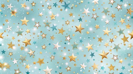 Poster - A shimmering blue background adorned with a dazzling array of gold, teal, and silver stars, capturing the essence of celestial wonder and festive cheer.