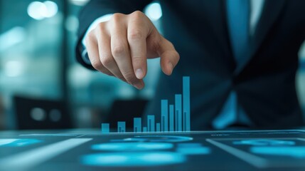 Poster - Person Engaging with Data by Pointing at a Bar Chart in a Professional Setting Highlighting Analysis and Insightful Presentation of Information