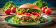 © Praphunsak - Juicy beef patty atop a toasted bun with melted cheese, crispy lettuce, and sliced tomato, all nestled within a colorful plate garnished with fresh herbs , burger, colorful plate