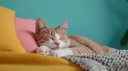 Aufkleber - Peaceful Cat Sleeping Comfortably on Cozy Bed Surrounded by Soft Blanket in Warm Light Creating a Tranquil and Relaxing Atmosphere at Home