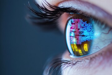 Poster - Intriguing Close Up of a Human Eye Featuring an Embedded Computer Chip in the Pupil Symbolizing Technology Integration with Human Emotion and Vision