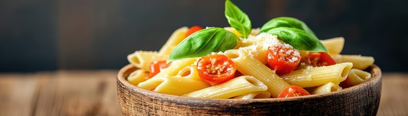 Aufkleber - A Rustic Wooden Bowl Brimming with Freshly Cooked Pasta Tossed with Colorful Vegetables Creating a Wholesome and Inviting Culinary Scene