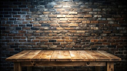 Poster - Rustic Wooden Tabletop Against a Lit Brick Wall Background Ideal for Product Displays or Mockups