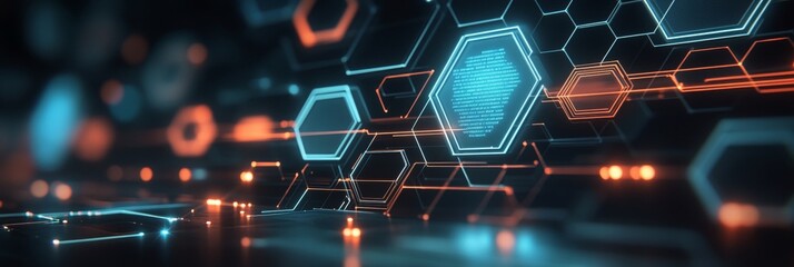 Poster - abstract technology background, neon hexagonal pattern with data, futuristic sci-fi, cybersecurity.