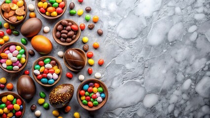 Poster - A Festive Display of Chocolate Easter Eggs and Colorful Candy Surrounded by a Grey Stone Background
