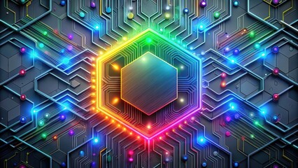 Poster - Abstract Digital Circuitry with Vibrant Neon Lights and a Hexagonal Core