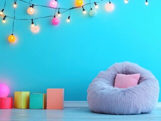 Poster - Cozy Pink Bean Chair Positioned Against a Vibrant Wall with Colorful Lights Creating a Warm Inviting Atmosphere in a Stylish Contemporary Space