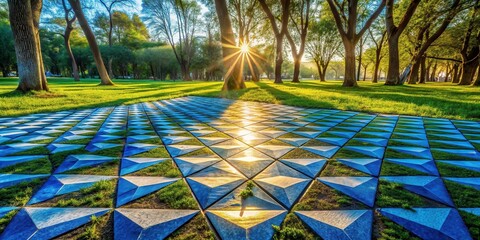 Aufkleber - Sunlit Park Pathway with Geometric Design in a Lush Green Setting