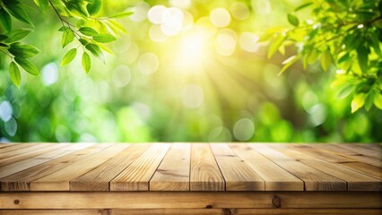 Poster - Wooden Tabletop Against a Bright, Sunny, Lush Green Foliage Background