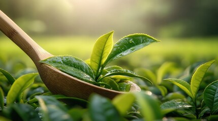 Wall Mural - Fresh tea leaves harvested by wooden spoon in tea plantation