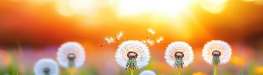 Poster - Vibrant Dandelion Field Under Bright Blue Sky with Soft Gentle Breeze Creating a Dreamy Natural Scene Evoking Feelings of Peace and Joy